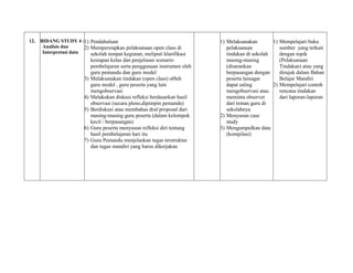 12. BIDANG STUDY 4 :
Analisis dan
Interpretasi data
1) Pendahuluan
2) Mempersiapkan pelaksanaan open class di
sekolah tempat kegiatan, meliputi klarifikasi
kesiapan kelas dan penjelasan scenario
pembelajaran serta penggunaan instrumen oleh
guru pemandu dan guru model
3) Melaksanakan tindakan (open class) o0leh
guru model , guru peserta yang lain
mengobservasi
4) Melakukan diskusi refleksi berdasarkan hasil
observasi (secara pleno,dipimpin pemandu)
5) Berdiskusi atau membahas draf proposal dari
masing-masing guru peserta (dalam kelompok
kecil / berpasangan)
6) Guru peserta menyusun refleksi diri tentang
hasil pembelajaran hari itu
7) Guru Pemandu menjelaskan tugas terstruktur
dan tugas mandiri yang harus dikerjakan
C
1) Melaksanakan
pelaksanaan
tindakan di sekolah
masing-masing
(disarankan
berpasangan dengan
peserta lainagar
dapat saling
mengobservasi atau
meminta observer
dari teman guru di
sekolahnya
2) Menyusun case
study
3) Mengumpulkan data
(kompilasi)
1) Mempelajari buku
sumber yang terkait
dengan topik
(Pelaksanaan
Tindakan) atau yang
dirujuk dalam Bahan
Belajar Mandiri
2) Mempelajari contoh
rencana tindakan
dari laporan-laporan
 