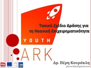 Δρ. Πέρη Κουράκλη
pkourakly@gmail.com
Τοπικό Σχέδιο Δράσης γιαΤοπικό Σχέδιο Δράσης για
τη Νεανική Επιχειρηματικότητατη Νεανική Επιχειρηματικότητα
 