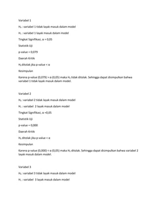 Variabel 1
H0 : variabel 1 tidak layak masuk dalam model
H1 : variabel 1 layak masuk dalam model
Tingkat Signifikasi, α = 0,05
Statistik Uji
p-value = 0,079
Daerah Kritik
H0 ditolak jika p-value < α
Kesimpulan
Karena p-value (0,079) > α (0,05) maka H0 tidak ditolak. Sehingga dapat disimpulkan bahwa
variabel 1 tidak layak masuk dalam model.
Variabel 2
H0 : variabel 2 tidak layak masuk dalam model
H1 : variabel 2 layak masuk dalam model
Tingkat Signifikasi, α =0,05
Statistik Uji
p-value = 0,000
Daerah Kritik
H0 ditolak jika p-value < α
Kesimpulan
Karena p-value (0,000) < α (0,05) maka H0 ditolak. Sehingga dapat disimpulkan bahwa variabel 2
layak masuk dalam model.
Variabel 3
H0 : variabel 3 tidak layak masuk dalam model
H1 : variabel 3 layak masuk dalam model
 