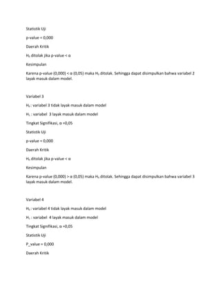 Statistik Uji
p-value = 0,000
Daerah Kritik
H0 ditolak jika p-value < α
Kesimpulan
Karena p-value (0,000) < α (0,05) maka H0 ditolak. Sehingga dapat disimpulkan bahwa variabel 2
layak masuk dalam model.
Variabel 3
H0 : variabel 3 tidak layak masuk dalam model
H1 : variabel 3 layak masuk dalam model
Tingkat Signifikasi, α =0,05
Statistik Uji
p-value = 0,000
Daerah Kritik
H0 ditolak jika p-value < α
Kesimpulan
Karena p-value (0,000) > α (0,05) maka H0 ditolak. Sehingga dapat disimpulkan bahwa variabel 3
layak masuk dalam model.
Variabel 4
H0 : variabel 4 tidak layak masuk dalam model
H1 : variabel 4 layak masuk dalam model
Tingkat Signifikasi, α =0,05
Statistik Uji
P_value = 0,000
Daerah Kritik
 