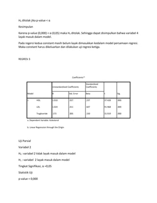 H0 ditolak jika p-value < α
Kesimpulan
Karena p-value (0,000) < α (0,05) maka H0 ditolak. Sehingga dapat disimpulkan bahwa variabel 4
layak masuk dalam model.
Pada regersi kedua constant masih belum layak dimasukkan kedalam model persamaan regresi.
Maka constant harus dikeluarkan dan dilakukan uji regresi ketiga.
REGRESI 3
Coefficientsa,b
Model
Unstandardized Coefficients
Standardized
Coefficients
t Sig.B Std. Error Beta
1 HDL 1.010 .027 .237 37.428 .000
LDL 1.024 .011 .647 91.968 .000
Trygliceride .173 .005 .150 31.919 .000
a. Dependent Variable: Kolesterol
b. Linear Regression through the Origin
Uji Parsial
Variabel 2
H0 : variabel 2 tidak layak masuk dalam model
H1 : variabel 2 layak masuk dalam model
Tingkat Signifikasi, α =0,05
Statistik Uji
p-value = 0,000
 