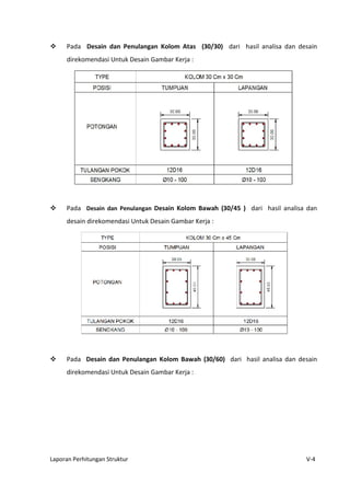 Laporan Perhitungan Struktur V-4
 Pada Desain dan Penulangan Kolom Atas (30/30) dari hasil analisa dan desain
direkomendasi Untuk Desain Gambar Kerja :
 Pada Desain dan Penulangan Desain Kolom Bawah (30/45 ) dari hasil analisa dan
desain direkomendasi Untuk Desain Gambar Kerja :
 Pada Desain dan Penulangan Kolom Bawah (30/60) dari hasil analisa dan desain
direkomendasi Untuk Desain Gambar Kerja :
 