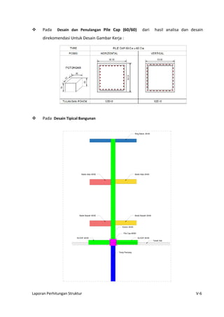 Laporan Perhitungan Struktur V-6
 Pada Desain dan Penulangan Pile Cap (60/60) dari hasil analisa dan desain
direkomendasi Untuk Desain Gambar Kerja :
 Pada Desain Tipical Bangunan
SLOOF 20/30
Pile Cap 60/60
Kolom 30/45
60.00
60.00
Tiang Pancang
SLOOF 20/30
Balok Bawah 25/40Balok Bawah 30/50
Balok Atas 25/40Balok Atas 30/50
Ring Balok 20/30
Tanah Asli
 