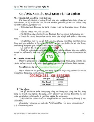 Dự án: Nhà máy sản xuất gỗ nén Nghệ An
---------------------------------------------------------------------------
Đơn vị tư vấn: Công ty CP Tư vấn Đầu tư Thảo Nguyên Xanh 49
CHƯƠNG XI: HIỆU QUẢ KINH TẾ -TÀI CHÍNH
XI.1. Các giả định kinh tế và cơ sở tính toán
Các thông số giả định trên dùng để tính toán hiệu quả kinh tế của dự án trên cơ sở
tính toán của các dự án đã triển khai, các văn bản liên quan đến giá bán, các tài liệu cung
cấp từ Chủ đầu tư, cụ thể như sau:
- Thời gian hoạt động của dự án là 15 năm và đi vào hoạt động từ quý II năm
2013;
- Vốn chủ sở hữu 70%, vốn vay 30%;
- Các hệ thống máy móc thiết bị cần đầu tư để đảm bảo cho dự án hoạt động tốt;
- Doanh thu của dự án thu được từ sản phẩm viên nén gỗ xuất khẩu và bán trong
nước;
- Chi phí khấu hao Tài sản cố định: Áp dụng phương pháp khấu hao theo đường
thẳng, thời gian khấu hao sẽ được tính phụ thuộc vào thời gian dự báo thu hồi vốn. Trong
tính toán áp dụng thời gian khấu hao theo phụ lục đính kèm.
- Lãi suất vay đối với nội tệ tạm tính: 21%/năm;
- Thuế thu nhập doanh nghiệp của dự án thuế suất ưu đãi của khu công nghiệp
Nam Cấm miễn thuế 4 năm hoạt động đầu tiên, giảm 50% trong 9 năm tiếp theo của dự
án.
XI.2. Doanh thu từ dự án
Dựa trên công suất và kế hoạch sản xuất kinh doanh của dự án, cũng như nhu cầu
của thị trường trong và ngoài nước, doanh nghiệp tạm tính doanh thu của dự án như sau :
Sản phẩm của dự án
Dự án đầu tư với hai giai đoạn hoạt động, công suất được nâng cao sau khi đầu tư
hoàn chỉnh. Bảng công suất hoạt động như sau:
Thời gian
Sản lượng
(tấn/năm)
Giai đoạn 1 11,500
Giai đoạn 2 34,500
 Viên gỗ nén
Viên gỗ nén là sản phẩm thông dụng dùng lót chuồng trại, dùng sưởi ấm, dùng
trong các lò đốt công nghiệp, dân dụng... được các nước ưa chuộng, doanh thu của sản
phẩm này có được từ hai nguồn là xuất khẩu và tiêu thụ trong nước.
Tỷ lệ xuất khẩu chiếm đa số các sản phẩm làm ra, tạm tính trung bình tỷ lệ này
chiếm 80%.
Doanh thu = số lượng sản xuất/năm * tỷ lệ xuất khẩu + số lượng sản xuất/năm *
tỷ lệ tiêu thụ trong nước
 