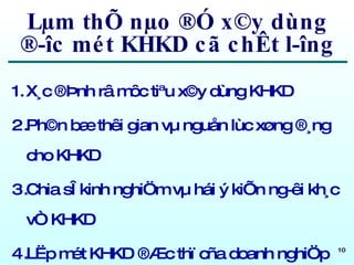 Lµm thÕ nµo ®Ó x©y dùng ®­îc mét KHKD cã chÊt l­îng X¸c ®Þnh râ môc tiªu x©y dùng KHKD Ph©n bæ thêi gian vµ nguån lùc xøng ®¸ng cho KHKD Chia sÎ kinh nghiÖm vµ hái ý kiÕn ng­êi kh¸c vÒ KHKD LËp mét KHKD ®Æc thï cña doanh nghiÖp b¹n 