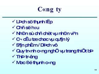 C«ng ty LÞch sö thµnh lËp Chñ së h÷u Nh©n sù chñ chèt vµ nh©n viªn C¬ cÊu tæ chøc vµ qu¶n lý S¶n phÈm / DÞch vô Quy tr×nh c«ng nghÖ vµ trang thiÕt bÞ ThÞ tr­êng Møc ®é thµnh c«ng 