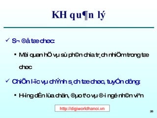 KH qu¶n lý S¬ ®å tæ chøc: Mèi quan hÖ vµ sù ph©n chia tr¸ch nhiÖm trong tæ chøc ChiÕn l­îc vµ chÝnh s¸ch tæ chøc, tuyÓn dông: H­íng dÉn lùa chän, ®µo t¹o vµ ®·i ngé nh©n viªn http://digiworldhanoi.vn 