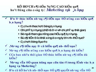 KÕ HO¹CH c¶i tiÕn N¢NG CAO hiÖu qu¶  ho¹t ®éng cña c«ng ty :  Marketing vµ b¸n hµng B¹n ®· thùc hiÖn nh÷ng c¶i tiÕn nµo ®Ó n©ng cao hiÖu qu¶ b¸n hµng?  C¸c h×nh thøc ho¹t ®éng b¸n hµng Chi phÝ b¸n hµng (chØ râ ®¬n vÞ chi phÝ vµ thêi gian) Sè ng­êi tham gia n©ng cao hiÖu qu¶ b¸n hµng. Sù c¶i tiÕn ®­îc khëi x­íng ë c«ng ty b¹n nh­ thÕ nµo? C¸c ho¹t ®éng ®µo t¹o . Nh÷ng c¶i tiÕn nµy ®· cã hiÖu qu¶ nh­ thÕ nµo?  Nh÷ng c¶i tiÕn n©ng cao hiÖu qu¶ b¸n hµng dù kiÕn? CÇn bao nhiªu thêi gian ®Ó thùc hiÖn nh÷ng c¶i tiÕn dù kiÕn?  Nh÷ng vÊn ®Ò quan träng nµo cßn tån t¹i trong lÜnh vùc b¸n hµng vµ Marketing? B¹n cã kÕ ho¹ch nh­ thÕ nµo ®Ó gi¶i quyÕt nh÷ng vÊn ®Ò nµy? 