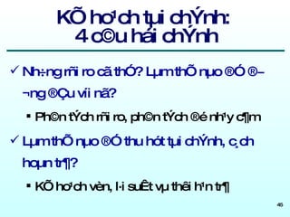 KÕ ho¹ch tµi chÝnh:  4 c©u hái chÝnh Nh÷ng rñi ro cã thÓ? Lµm thÕ nµo ®Ó ®­¬ng ®Çu víi nã? Ph©n tÝch rñi ro, ph©n tÝch ®é nh¹y c¶m Lµm thÕ nµo ®Ó thu hót tµi chÝnh, c¸ch hoµn tr¶? KÕ ho¹ch vèn, l·i suÊt vµ thêi h¹n tr¶ 