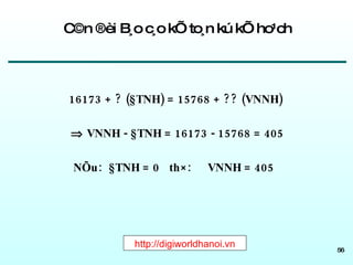 C©n ®èi B¸o c¸o kÕ to¸n kú kÕ ho¹ch 16173 + ? (§TNH) = 15768 + ?? (VNNH)     VNNH - §TNH = 16173 - 15768 = 405 NÕu:  §TNH = 0  th×:  VNNH = 405 http://digiworldhanoi.vn 