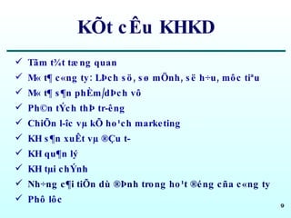 KÕt cÊu KHKD Tãm t¾t tæng quan M« t¶ c«ng ty: LÞch sö, sø mÖnh, së h÷u, môc tiªu M« t¶ s¶n phÈm/dÞch vô Ph©n tÝch thÞ tr­êng ChiÕn l­îc vµ kÕ ho¹ch marketing KH s¶n xuÊt vµ ®Çu t­ KH qu¶n lý KH tµi chÝnh Nh÷ng c¶i tiÕn dù ®Þnh trong ho¹t ®éng cña c«ng ty Phô lôc 