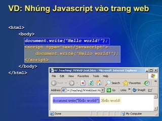VD: Nhúng Javascript vào trang web
<html>
<body>
document.write(“Hello world!”);
<script type="text/javascript">
document.write(“Hello world!”);
</script>
</body>
</html>
CuuDuongThanCong.com https://fb.com/tailieudientucntt
 