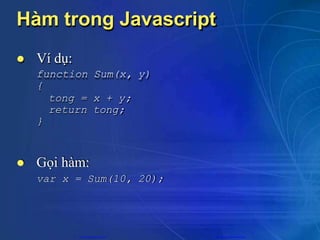 Hàm trong Javascript
 Ví dụ:
function Sum(x, y)
{
tong = x + y;
return tong;
}
 Gọi hàm:
var x = Sum(10, 20);
CuuDuongThanCong.com https://fb.com/tailieudientucntt
 
