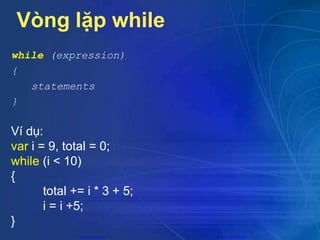 Vòng lặp while
while (expression)
{
statements
}
Ví dụ:
var i = 9, total = 0;
while (i < 10)
{
total += i * 3 + 5;
i = i +5;
}
CuuDuongThanCong.com https://fb.com/tailieudientucntt
 
