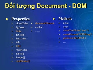 Đối tượng Document - DOM
 Properties
 aLinkColor
 bgColor
 body
 fgColor
 linkColor
 title
 URL
 vlinkColor
 forms[]
 images[]
 childNodes[]
 Methods
 close
 open
 createTextNode(“ text ")
 createElement(“HTMLtag")
 getElementById(“id”)
 …
 documentElement
 cookie
 ……
CuuDuongThanCong.com https://fb.com/tailieudientucntt
 