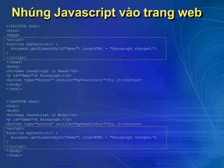 Nhúng Javascript vào trang web
CuuDuongThanCong.com https://fb.com/tailieudientucntt
<!DOCTYPE html>
<html>
<head>
<script>
function myFunction() {
document.getElementById("demo").innerHTML = "Paragraph changed.";
}
</script>
</head>
<body>
<h2>Demo JavaScript in Head</h2>
<p id="demo">A Paragraph.</p>
<button type="button" onclick="myFunction()">Try it</button>
</body>
</html>
<!DOCTYPE html>
<html>
<body>
<h2>Demo JavaScript in Body</h2>
<p id="demo">A Paragraph.</p>
<button type="button" onclick="myFunction()">Try it</button>
<script>
function myFunction() {
document.getElementById("demo").innerHTML = "Paragraph changed.";
}
</script>
</body>
</html>
 