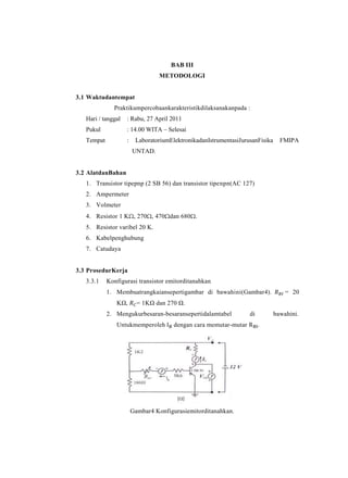 BAB III
                                  METODOLOGI


3.1 Waktudantempat
              Praktikumpercobaankarakteristikdilaksanakanpada :
   Hari / tanggal   : Rabu, 27 April 2011
   Pukul            : 14.00 WITA – Selesai
   Tempat           :    LaboratoriumElektronikadanIstrumentasiJurusanFisika     FMIPA
                        UNTAD.


3.2 AlatdanBahan
   1. Transistor tipepnp (2 SB 56) dan transistor tipenpn(AC 127)
   2. Ampermeter
   3. Volmeter
   4. Resistor 1 K , 270 , 470 dan 680 .
   5. Resistor varibel 20 K.
   6. Kabelpenghubung
   7. Catudaya


3.3 ProsedurKerja
   3.3.1    Konfigurasi transistor emitorditanahkan
            1. Membuatrangkaiansepertigambar di bawahini(Gambar4).                 = 20
               KΩ,        = 1KΩ dan 270 Ω.
            2. Mengukurbesaran-besaransepertidalamtabel            di          bawahini.
               Untukmemperoleh         dengan cara memutar-mutar        .




                        Gambar4 Konfigurasiemitorditanahkan.
 