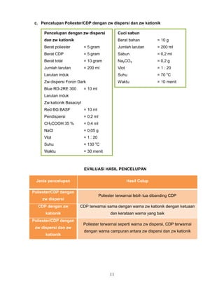 c. Pencelupan Poliester/CDP dengan zw dispersi dan zw kationik
Pencelupan dengan zw dispersi

Cuci sabun

dan zw kationik

Berat bahan

= 10 g

Berat poliester

= 5 gram

Jumlah larutan

= 200 ml

Berat CDP

= 5 gram

Sabun

= 0,2 ml

Berat total

= 10 gram

Na2CO3

= 0,2 g

Jumlah larutan

= 200 ml

Vlot

= 1 : 20

Larutan induk

Suhu

= 70 oC

Zw dispersi Foron Dark

Waktu

= 10 menit

Blue RD-2RE 300

= 10 ml

Larutan induk
Zw kationik Basacryl
Red BG BASF

= 10 ml

Pendispersi

= 0,2 ml

CH3COOH 35 %

= 0,4 ml

NaCl

= 0,05 g

Vlot

= 1 : 20

Suhu

= 130 oC

Waktu

= 30 menit

EVALUASI HASIL PENCELUPAN
Jenis pencelupan
Poliester/CDP dengan
zw dispersi

Hasil Celup

Poliester terwarnai lebih tua dibanding CDP

CDP dengan zw

CDP terwarnai sama dengan warna zw kationik dengan ketuaan

kationik

dan kerataan warna yang baik

Poliester/CDP dengan
zw dispersi dan zw
kationik

Poliester terwarnai seperti warna zw dispersi, CDP terwarnai
dengan warna campuran antara zw dispersi dan zw kationik

11

 