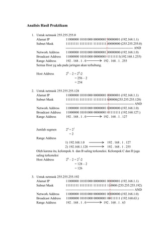 Analisis Hasil Praktikum
1. Untuk netmask 255.255.255.0
Alamat IP
11000000 10101000 00000001 00000001 (192.168.1.1)
Subnet Mask
11111111 11111111 11111111 00000000 (255.255.255.0)
-------------------------------------------------------------- AND
Network Address
11000000 10101000 00000001 00000000 (192.168.1.0)
Broadcast Address
11000000 10101000 00000001 11111111(192.168.1.255)
Range Address
192 . 168 . 1 . 0
192 . 168 . 1 . 255
Semua Host yg ada pada jaringan akan terhubung.
Host Address

2h – 2 = 28-2
= 256 – 2
= 254

2. Untuk netmask 255.255.255.128
Alamat IP
11000000 10101000 00000001 00000001 (192.168.1.1)
Subnet Mask
11111111 11111111 11111111 000000(255.255.255.128)
--------------------------------------------------------------- AND
Network Address
11000000 10101000 00000001 00000000 (192.168.1.0)
Broadcast Address
11000000 10101000 00000001 01111111 (192.168.127.)
Range Address
192 . 168 . 1 . 0
192 . 168 . 1 . 127

Jumlah segmen

2n = 21
=2

Range Address
1) 192.168.1.0
192 . 168 . 1 . 127
2) 192.168.1.128
192 . 168 . 1 . 255
Oleh karena itu, kelompok A dan B saling terkoneksi. Kelompok C dan D juga
saling terkoneksi
Host Address
2h – 2 = 27-2
= 128 – 2
= 126
3. Untuk netmask 255.255.255.192
Alamat IP
11000000 10101000 00000001 00000001 (192.168.1.1)
Subnet Mask
11111111 11111111 11111111 110000 (255.255.255.192)
--------------------------------------------------------------- AND
Network Address
11000000 10101000 00000001 00000000 (192.168.1.0)
Broadcast Address
11000000 10101000 00000001 00111111 (192.168.63.)
Range Address
192 . 168 . 1 . 0
192 . 168 . 1 . 63

 
