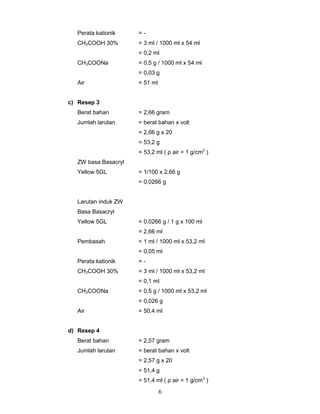 Perata kationik

=-

CH3COOH 30%

= 3 ml / 1000 ml x 54 ml
= 0,2 ml

CH3COONa

= 0,5 g / 1000 ml x 54 ml
= 0,03 g

Air

= 51 ml

c) Resep 3
Berat bahan

= 2,66 gram

Jumlah larutan

= berat bahan x volt
= 2,66 g x 20
= 53,2 g
= 53,2 ml ( ρ air = 1 g/cm3 )

ZW basa Basacryl
Yellow 5GL

= 1/100 x 2,66 g
= 0,0266 g

Larutan induk ZW
Basa Basacryl
Yellow 5GL

= 0,0266 g / 1 g x 100 ml
= 2,66 ml

Pembasah

= 1 ml / 1000 ml x 53,2 ml
= 0,05 ml

Perata kationik

=-

CH3COOH 30%

= 3 ml / 1000 ml x 53,2 ml
= 0,1 ml

CH3COONa

= 0,5 g / 1000 ml x 53,2 ml
= 0,026 g

Air

= 50,4 ml

d) Resep 4
Berat bahan

= 2,57 gram

Jumlah larutan

= berat bahan x volt
= 2,57 g x 20
= 51,4 g
= 51,4 ml ( ρ air = 1 g/cm3 )

6

 