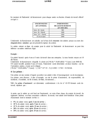ISTA CHEFCHAOUEN LA PAIE 2013-2014
M.ACHRIT Page 8
Le montant de l'indemnité de licenciement pour chaque année ou fraction d'année de travail effectif
est égal à :
ANCIENNETES
(EN ANNEES)
INDEMNITES
DE LICENCIEMENT
(EN HEURE)
5ans : [0 – 5ans[ 96h
5ans : [6 – 10ans[ 144h
5ans : [11 – 15ans[ 192h
15 ans et plus 240h
L’indemnité de licenciement est calculée sur la base de la moyenne des salaires perçus au cours des
cinquante-deux semaines qui ont précédé la rupture du contrat.
Le salaire entrant en ligne de compte pour le calcul de l'indemnité de licenciement ne peut être
inférieur au salaire minimum légal.
Exemple :
Un salarié licencié après 4 ans et 3 mois de travail dans une entreprise. Le taux horaire moyen est 10
dh l’heure.
L’indemnité de licenciement à laquelle il a droit est [ 96 (h) * 10,00 (dh/h) * 5 (ans) ] soit 4800 dh.
S’il aurait travaillé pendant 8 ans et 8 mois, l’indemnité serait déterminée en deux tranches : sur les
5 premières années, et puis sur le reliquat
[ 96 (h) * 10,00 (dh/h) * 5 (ans)] + [ 144 * 10 * (9 – 5) ]=4.800 + 5.760 = 10.560 dh.
4- Les primes :
Une prime est une somme d’argent accordée à un salarié à titre d’encouragement ou de récompense.
Les primes sont diverses ; à titre d’exemple, on cite la prime d’ancienneté, de responsabilité, de
technicité, d’assiduité, de fin d’année, de bilan, de naissance…
N.B : La prime d’ancienneté est déterminée conformément à la loi n° 65-99 formant code du
travail, stipulant que :
A moins que le salaire ne soit basé sur l'ancienneté, en vertu d'une clause du contrat de travail, du
règlement intérieur ou d'une convention collective de travail, tout salarié doit bénéficier d'une prime
d'ancienneté dont le montant est fixé à :
 5% du salaire versé, après 2 ans de service ;
 10 % du salaire versé, après 5 ans de service ;
 15 % du salaire versé, après 12 ans de service ;
 20% du salaire versé, après 20 ans de service ;
 25% du salaire versé, après 25 ans de service.
 