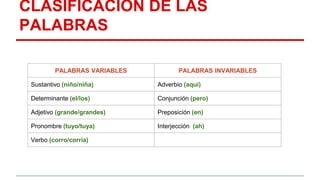 CLASIFICACIÓN DE LAS
PALABRAS
PALABRAS VARIABLES PALABRAS INVARIABLES
Sustantivo (niño/niña) Adverbio (aquí)
Determinante (el/los) Conjunción (pero)
Adjetivo (grande/grandes) Preposición (en)
Pronombre (tuyo/tuya) Interjección (ah)
Verbo (corro/corría)
 