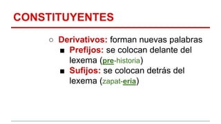 CONSTITUYENTES
○ Derivativos: forman nuevas palabras
■ Prefijos: se colocan delante del
lexema (pre-historia)
■ Sufijos: se colocan detrás del
lexema (zapat-eria)
 