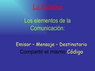 La Palabra Los elementos de la Comunicación: Emisor – Mensaje – Destinatario Compartir el mismo  Código 
