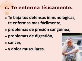 c. Te enferma físicamente.

 Te baja tus defensas inmunológicas,
  te enfermas mas fácilmente,
 problemas de presión sanguínea,

 problemas de digestión,

 cáncer,

 y dolor musculares.
 