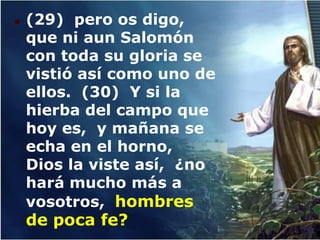    (29) pero os digo,
    que ni aun Salomón
    con toda su gloria se
    vistió así como uno de
    ellos. (30) Y si la
    hierba del campo que
    hoy es, y mañana se
    echa en el horno,
    Dios la viste así, ¿no
    hará mucho más a
    vosotros, hombres
    de poca fe?
 