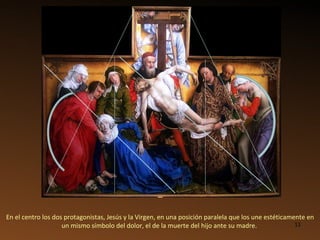 En el centro los dos protagonistas, Jesús y la Virgen, en una posición paralela que los une estéticamente en un mismo símbolo del dolor, el de la muerte del hijo ante su madre.  