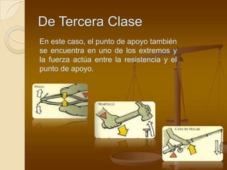 De Tercera Clase
En este caso, el punto de apoyo también
se encuentra en uno de los extremos y
la fuerza actúa entre la resistencia y el
punto de apoyo.
 