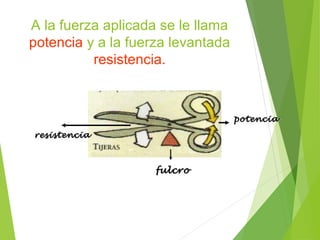 A la fuerza aplicada se le llama
potencia y a la fuerza levantada
resistencia.
fulcrofulcro
potenciapotencia
resistenciaresistencia
 