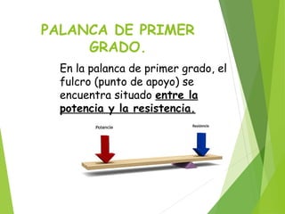 PALANCA DE PRIMER
GRADO.
En la palanca de primer grado, el
fulcro (punto de apoyo) se
encuentra situado entre la
potencia y la resistencia.
 