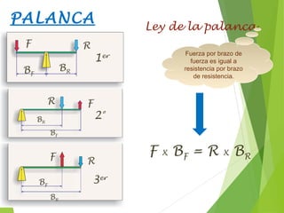 PALANCA Ley de la palanca
RF
BRBF
BF
BR
BR
BF
R F
F R
F X BF = R X BR
Fuerza por brazo de
fuerza es igual a
resistencia por brazo
de resistencia.
1er
2º
3er
 