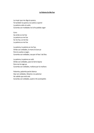 La Paloma Se Me Fue



La mujer que me diga te quiero,
Yo también la quiero y la vuelvo a querer
La paloma salta al vuelo,
Caramba son maldades no la he podido coger

Coro:
Ay ombe se me fue
La paloma se me fue
Se me fue, se me fue
La paloma se me fue

La paloma, la paloma se me fue,
Ombe son veldades, la mano la tuve yo
Pero la vuelvo a coger,
Caramba son veldades, sea por el favo` de Dios

La paloma, la paloma se voló
Ombe son veldades, para la tierra lejana
Pero me la coge yo
Caramba son veldades, mañana por la mañana

Palomita, palomita pecho blanco
Oye son veldades, llévame a tu palomar
He sabido que está sola
Caramba son veldades, quiero irte acompañar.
 