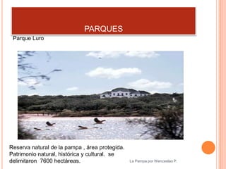 PARQUES
 Parque Luro




Reserva natural de la pampa , área protegida.
Patrimonio natural, histórica y cultural. se
delimitaron 7600 hectáreas.                     La Pampa por Wenceslao P.
 