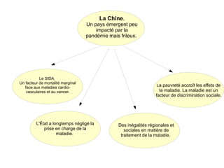 La Chine.
Un pays émergent peu
impacté par la
pandémie mais frileux.

Le SIDA,
Un facteur de mortalité marginal
face aux maladies cardiovasculaires et au cancer.

L'État a longtemps négligé la
prise en charge de la
maladie.

La pauvreté accroît les effets de

la maladie. La maladie est un
facteur de discrimination sociale.

Des inégalités régionales et
sociales en matière de
traitement de la maladie.

 