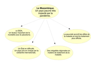 Le Mozambique.
Un pays pauvre très
impacté par la
pandémie.

Le

SIDA,
Un facteur important de la
mortalité avec le paludisme.

Un État en difficulté.
Un pays pris en charge par la
solidarité internationale.

La pauvreté accroît les effets de

la maladie et rend le traitement
plus difficile.

Des inégalités régionales en
matière de traitement de la
maladie.

 