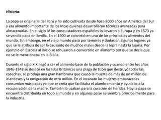 Historia:

La papa es originaria del Perú y ha sido cultivada desde hace 8000 años en América del Sur
y era alimento importante de los Incas quienes desarrollaron técnicas avanzadas para
almacenarlas. En el siglo IV los conquistadores españoles lo llevaron a Europa y en 1573 ya
se vendía papa en Sevilla. En el 1900 se convirtió en uno de los principales alimentos del
mundo. Sin embargo, en el viejo mundo pasó por temores y dudas en algunos lugares ya
que se la atribuía de ser la causante de muchos males desde la lepra hasta la lujuria. Por
ejemplo en Escocia al inicio se rehusaron a convertirlo en alimento por que se decía que
no se le mencionaba en la Biblia.

Durante el siglo XIX llegó a ser el alimento base de la población y cuando entre los años
1846-1848 se desató en las Islas Británicas una plaga de tizón que destruyó todas las
cosechas, se produjo una gran hambruna que causó la muerte de más de un millón de
irlandeses y la emigración de otro millón. En el incanato las mujeres embarazadas
consumían más papas ya que se creía que facilitaba el alumbramiento y ayudaba a la
recuperación de la madre. También lo usaban para la curación de heridas. Hoy la papa se
encuentra distribuida en todo el mundo y en algunos paise se siembra principalmente para
la industria.
 