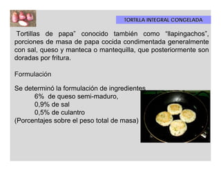 TORTILLA INTEGRAL CONGELADA

 Tortillas de papa” conocido también como “llapingachos”,
porciones de masa de papa cocida condimentada generalmente
con sal, queso y manteca o mantequilla, que posteriormente son
doradas por fritura.

Formulación

Se determinó la formulación de ingredientes
      6% de queso semi-maduro,
      0,9% de sal
      0,5% de culantro
(Porcentajes sobre el peso total de masa)
 