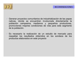 RECOMENDACIONES




Generar proyectos comunitarios de industrialización de las papas
nativas, donde se encuentren involucrada directamente la
población campesina, medianos y pequeños productores,
promoviendo mejores condiciones de vida para este segmento
de la población.

Es necesario la realización de un estudio de mercado para
respaldar los resultados obtenidos en los sondeos de los
productos elaborados en este proyecto.
 