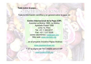 Todo sobre la papa… 
Toda la información científica y en general sobre la papa, en 
Centro Internacional de la Papa (CIP) 
Avenida La Molina 1895, La Molina 
Apartado Postal 1558 
Lima 12, Perú 
Tel: +51 1 349 6017 
Fax: +51 1 317 5326 
correo electrónico: cip@cgiar.org 
Sitio web: www.cipotato.org 
…en el proyecto Iniciativa Papas Andinas 
www.papasandinas.org 
Y en la página de FAO creada para el AIP 
www.potato2008.org 
 