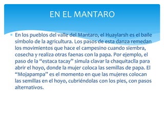  En los pueblos del valle del Mantaro, el Huaylarsh es el baile
símbolo de la agricultura. Los pasos de esta danza remedan
los movimientos que hace el campesino cuando siembra,
cosecha y realiza otras faenas con la papa. Por ejemplo, el
paso de la “estaca tacay” simula clavar la chaquitaclla para
abrir el hoyo, donde la mujer coloca las semillas de papa. El
“Mojapampa” es el momento en que las mujeres colocan
las semillas en el hoyo, cubriéndolas con los pies, con pasos
alternativos.
EN EL MANTARO
 