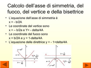 Calcolo dell’asse di simmetria, del
 fuoco, del vertice e della bisettrice
• L’equazione dell’asse di simmetria è
  x = - b/2A
• Le coordinate del vertice sono
  x = – b/2a e Y= - delta/4A
• Le coordinate del fuoco sono
  x = b/2A e y = 1-delta/4A
• L’equazione delle direttrice y = - 1+delta/4A
 