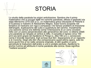 STORIA
Lo studio della parabola ha origini antichissime. Sembra che il primo
matematico che si occupò delle tre coniche (parabola, ellisse e iperbole) sia
stato Menecmo (375-325 a.C), un matematico greco discepolo di Platone e
di Eudosso e maestro di Alessandro Magno. Esse furono scoperte nel
tentativo di risolvere con riga e compasso i tre famosi problemi di trisezione
dell'angolo, duplicazione del cubo e quadratura del cerchio. Inizialmente
una sezione conica era definita come l’intersezione di un cono circolare
retto con un piano perpendicolare alla generatrice del cono: si ottiene infatti
una parabola se l’angolo al vertice è retto. Il concetto è ripreso circa 150
anni più tardi grazie ad Apollonio di Perga (c. 262-190 a.C.), conosciuto
come il Grande Geometra. Egli scrisse due libri: Separazione di un rapporto
e le Coniche. Degli otto libri che componevano quest’ultima opera, solo tre
sono giunti fino a noi nella versione originale, di altri quattro ci sono
pervenute le traduzioni dall’arabo e uno è andato perduto. Apollonio fu
anche il primo ad attribuire il nome parabola alla conica. Essa significa
"mettere accanto".
 