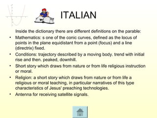 ITALIAN
    Inside the dictionary there are different definitions on the parable:
•   Mathematics: s one of the conic curves, defined as the locus of
    points in the plane equidistant from a point (focus) and a line
    (directrix) fixed.
•   Conditions: trajectory described by a moving body. trend with initial
    rise and then. peaked, downhill.
•   Short story which draws from nature or from life religious instruction
    or moral.
•   Religion: a short story which draws from nature or from life a
    religious or moral teaching, in particular narratives of this type
    characteristics of Jesus' preaching technologies.
•   Antenna for receiving satellite signals.
 