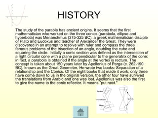 HISTORY
The study of the parable has ancient origins. It seems that the first
mathematician who worked on the three conics (parabola, ellipse and
hyperbola) was Menaechmus (375-325 BC), a greek mathematician disciple
of Plato and Eudoxus and teacher of Alexander the Great. They were
discovered in an attempt to resolve with ruler and compass the three
famous problems of the trisection of an angle, doubling the cube and
squaring the circle. Initially a conic section was defined as the intersection of
a right circular cone with a plane perpendicular to the generatrix of the cone:
in fact, a parabola is obtained if the angle at the vertex is rectum. The
concept is taken about 150 years later by Apollonius of Perga (c. 262-190
BC), known as the Great Geometer. He wrote two books: Separation of a
relationship and the Conics. Of the eight books that made it work, only three
have come down to us in the original version, the other four have survived
the translations from Arabic and one was lost. Apollonius was also the first
to give the name to the conic reflector. It means "put next."
 