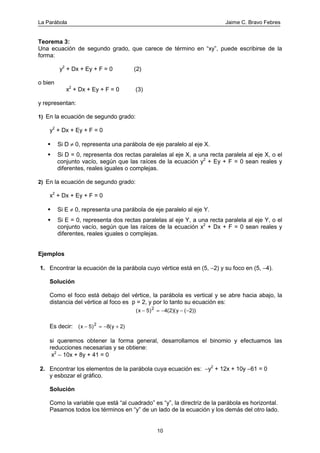 La Parábola Jaime C. Bravo Febres
10
Teorema 3:
Una ecuación de segundo grado, que carece de término en “xy”, puede escribirse de la
forma:
y2
+ Dx + Ey + F = 0 (2)
o bien
x2
+ Dx + Ey + F = 0 (3)
y representan:
1) En la ecuación de segundo grado:
y2
+ Dx + Ey + F = 0
Si D ≠ 0, representa una parábola de eje paralelo al eje X.
Si D = 0, representa dos rectas paralelas al eje X, a una recta paralela al eje X, o el
conjunto vacío, según que las raíces de la ecuación y2
+ Ey + F = 0 sean reales y
diferentes, reales iguales o complejas.
2) En la ecuación de segundo grado:
x2
+ Dx + Ey + F = 0
Si E ≠ 0, representa una parábola de eje paralelo al eje Y.
Si E = 0, representa dos rectas paralelas al eje Y, a una recta paralela al eje Y, o el
conjunto vacío, según que las raíces de la ecuación x2
+ Dx + F = 0 sean reales y
diferentes, reales iguales o complejas.
Ejemplos
1. Encontrar la ecuación de la parábola cuyo vértice está en (5, −2) y su foco en (5, −4).
Solución
Como el foco está debajo del vértice, la parábola es vertical y se abre hacia abajo, la
distancia del vértice al foco es p = 2, y por lo tanto su ecuación es:
( ) (x y− = − − −5 4(2)( 2))2
Es decir: ( ) (x y− = − +5 8 2)2
si queremos obtener la forma general, desarrollamos el binomio y efectuamos las
reducciones necesarias y se obtiene:
x2
− 10x + 8y + 41 = 0
2. Encontrar los elementos de la parábola cuya ecuación es: −y2
+ 12x + 10y −61 = 0
y esbozar el gráfico.
Solución
Como la variable que está “al cuadrado” es “y”, la directriz de la parábola es horizontal.
Pasamos todos los términos en “y” de un lado de la ecuación y los demás del otro lado.
 