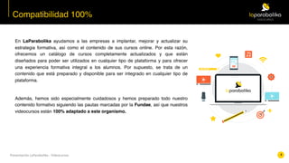 Presentación	LaParabolika	-	Videocursos
En LaParabolika ayudamos a las empresas a implantar, mejorar y actualizar su
estrategia formativa, así como el contenido de sus cursos online. Por esta razón,
ofrecemos un catálogo de cursos completamente actualizados y que están
diseñados para poder ser utilizados en cualquier tipo de plataforma y para ofrecer
una experiencia formativa integral a los alumnos. Por supuesto, se trata de un
contenido que está preparado y disponible para ser integrado en cualquier tipo de
plataforma.
Además, hemos sido especialmente cuidadosos y hemos preparado todo nuestro
contenido formativo siguiendo las pautas marcadas por la Fundae, así que nuestros
videocursos están 100% adaptado a este organismo.
Compatibilidad 100%
4
 